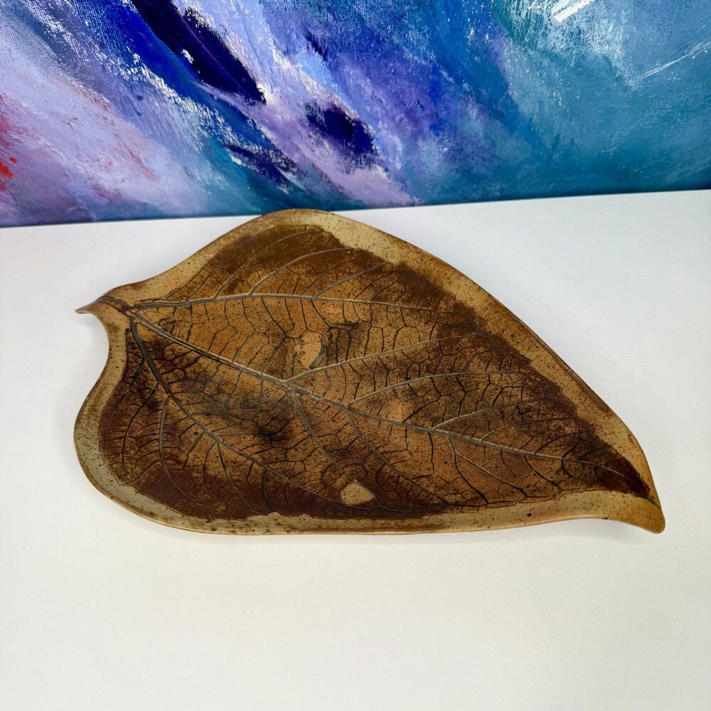 Pressed Leaf Studio Pottery Stoneware Handmade Ceramic Leaf-Form Tray Signed 12"